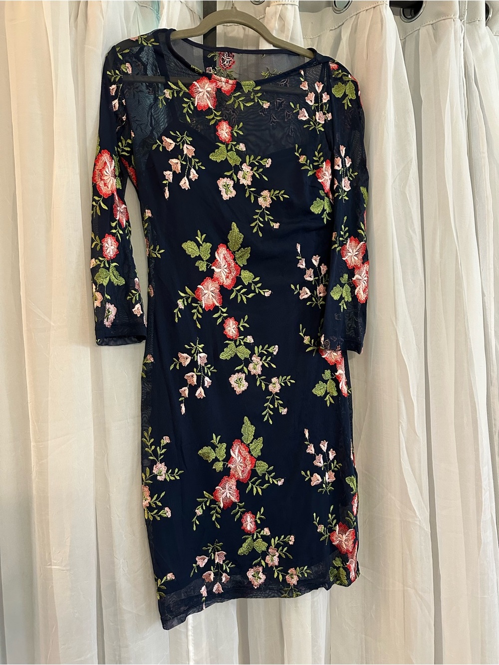 Mystic Floral Navy Dress with Navy Sheer Overlay with Embroidered Floral scene